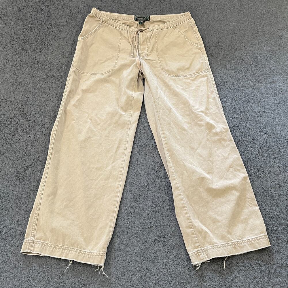 Abercrombie & Fitch Khaki Raw Hem Y2K Wide Leg Drawstring Pants Women's Size L